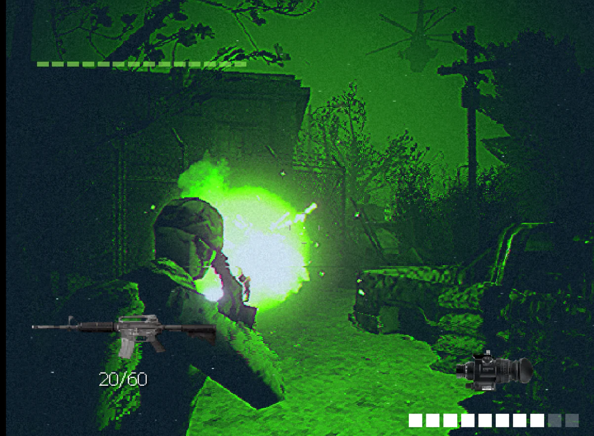 A soldier fires a bright green shot in a dark low-poly combat scene.